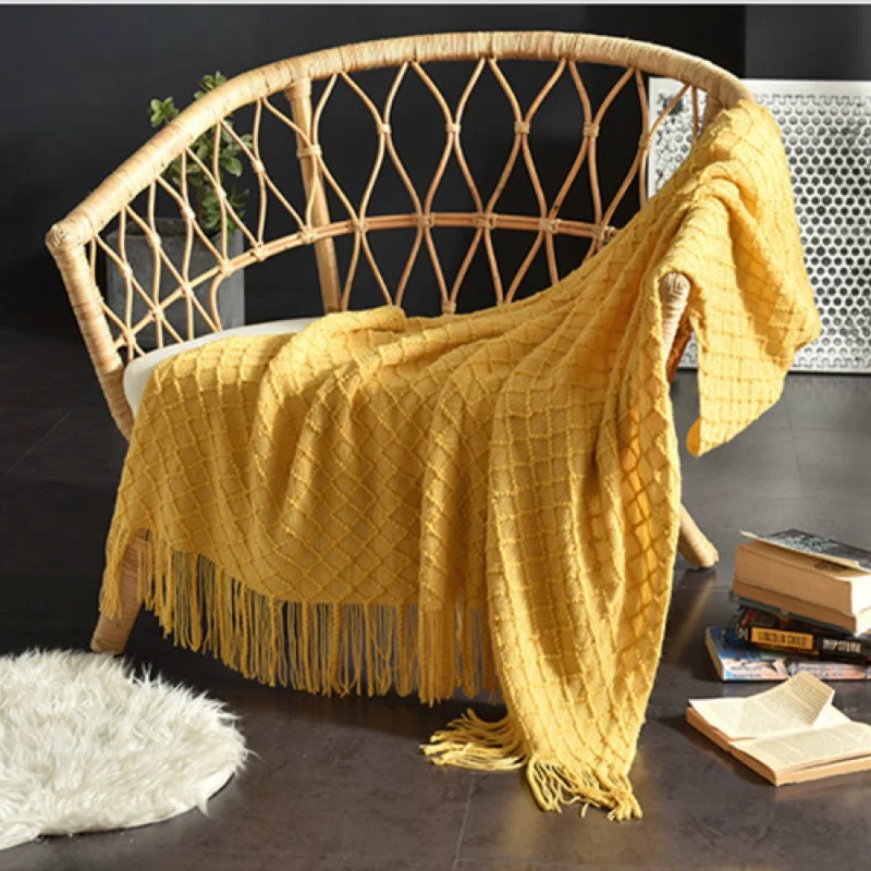 Boho Throw Blanket Fringe - Couverture en tricot texturé jaune moutarde,