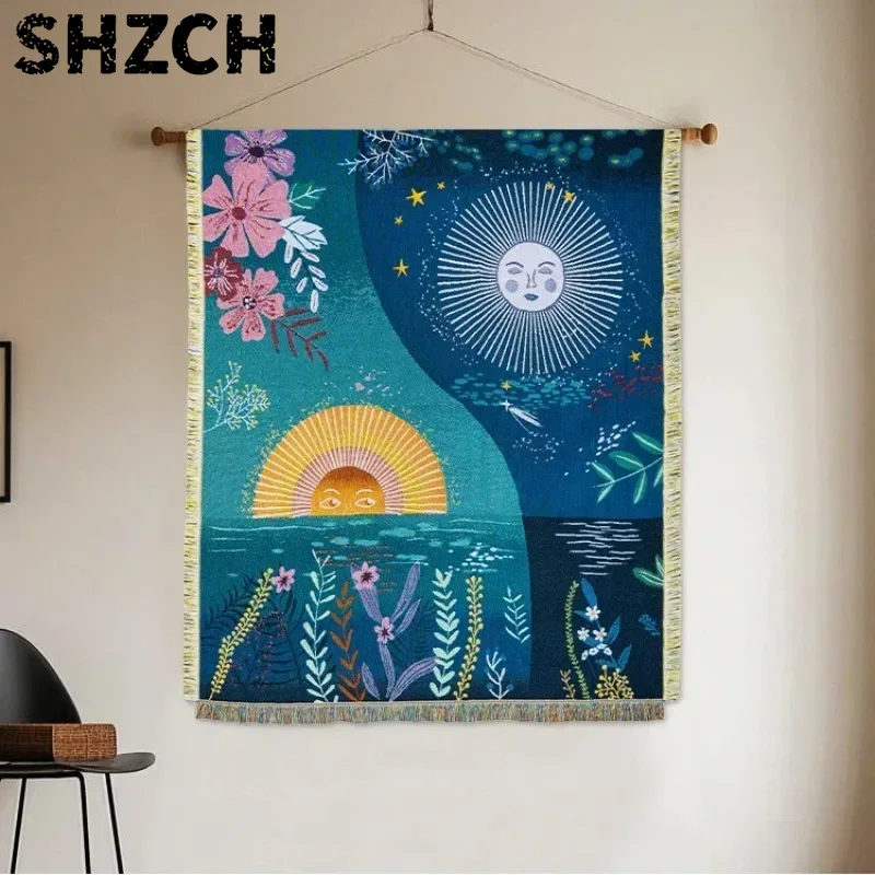 Boho Throw Blanket Fringe - Tapisserie tissée Ciel et Lune, style