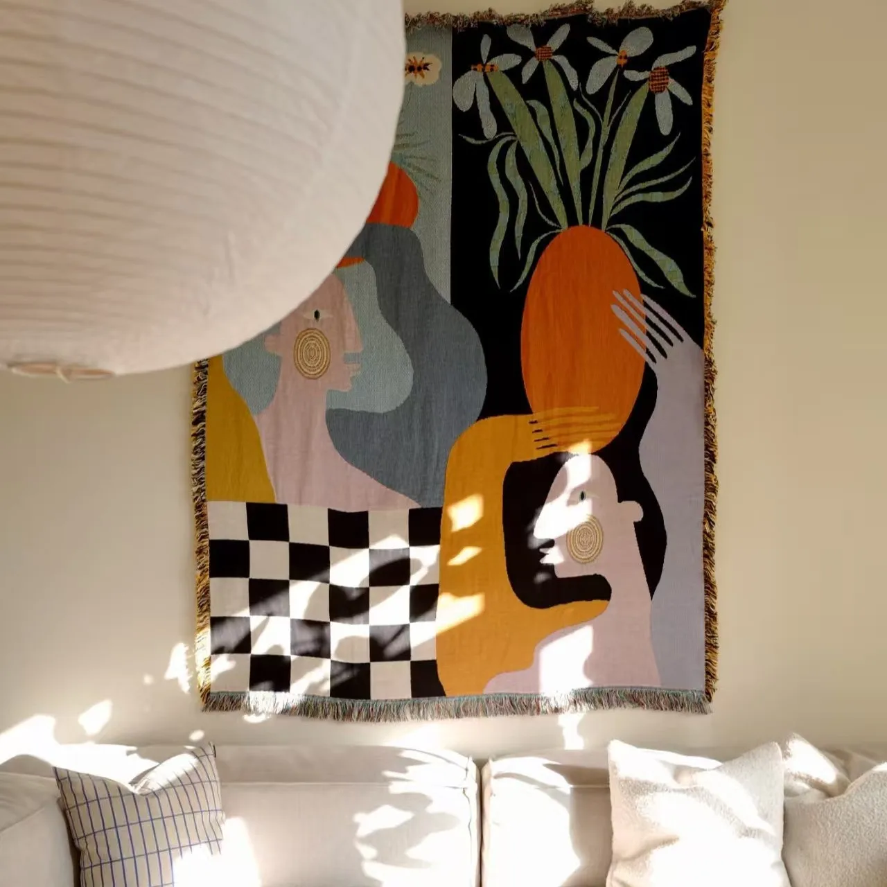 Boho Throw Blanket Fringe - Tapisserie d'art abstrait moderne, tissage jacquard