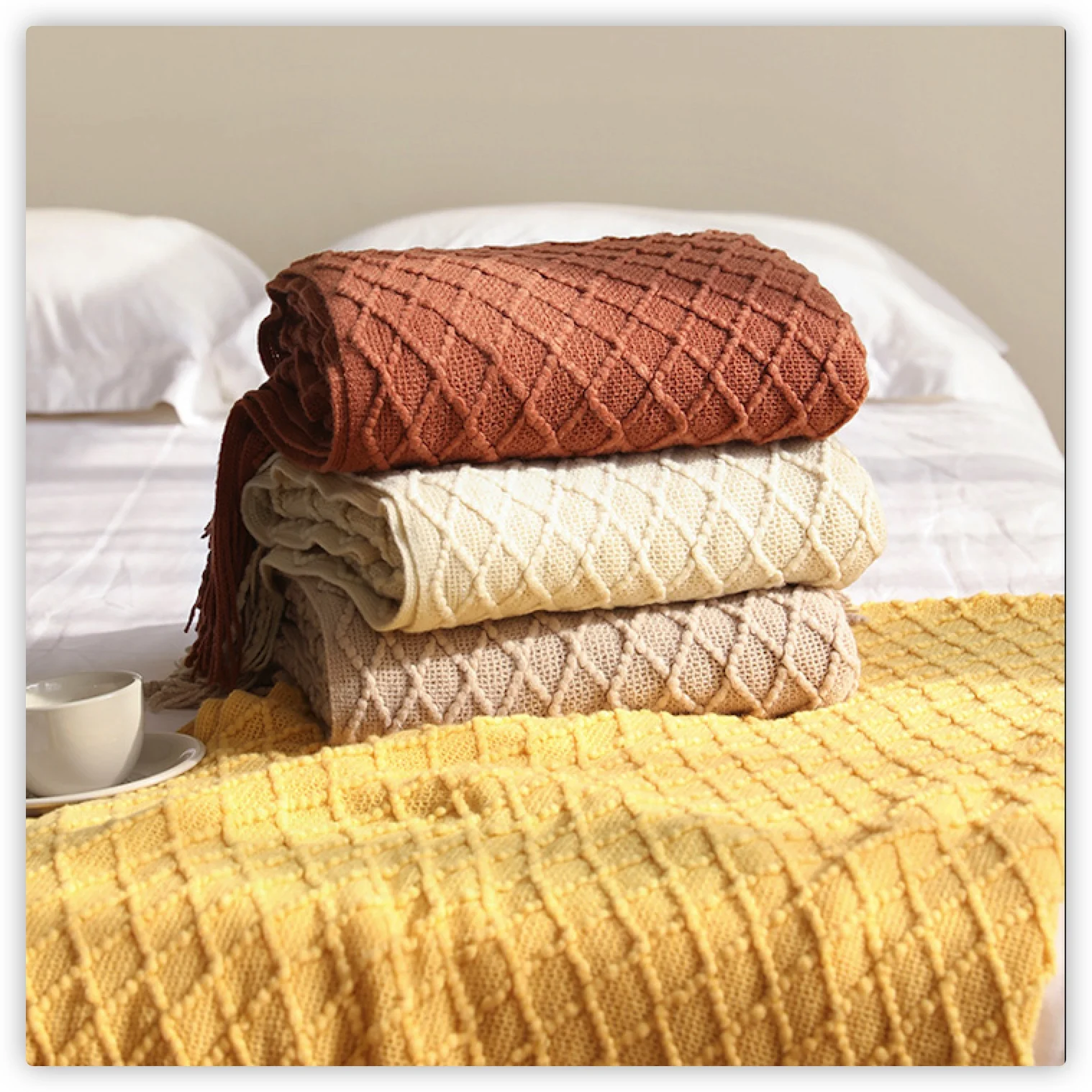Couverture en tricot diamant T - Boho Throw Blanket Fringe avis et prix
